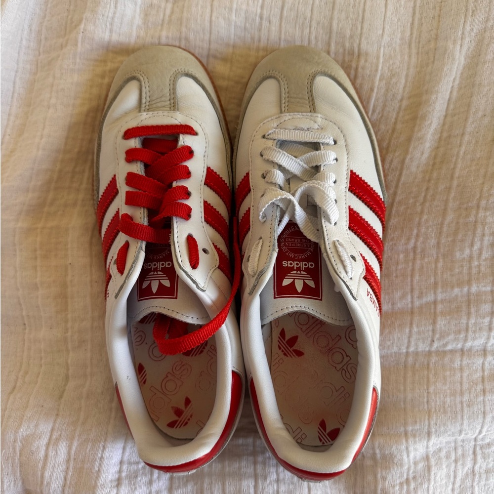 women’s size 7.5 red and white samba shoes